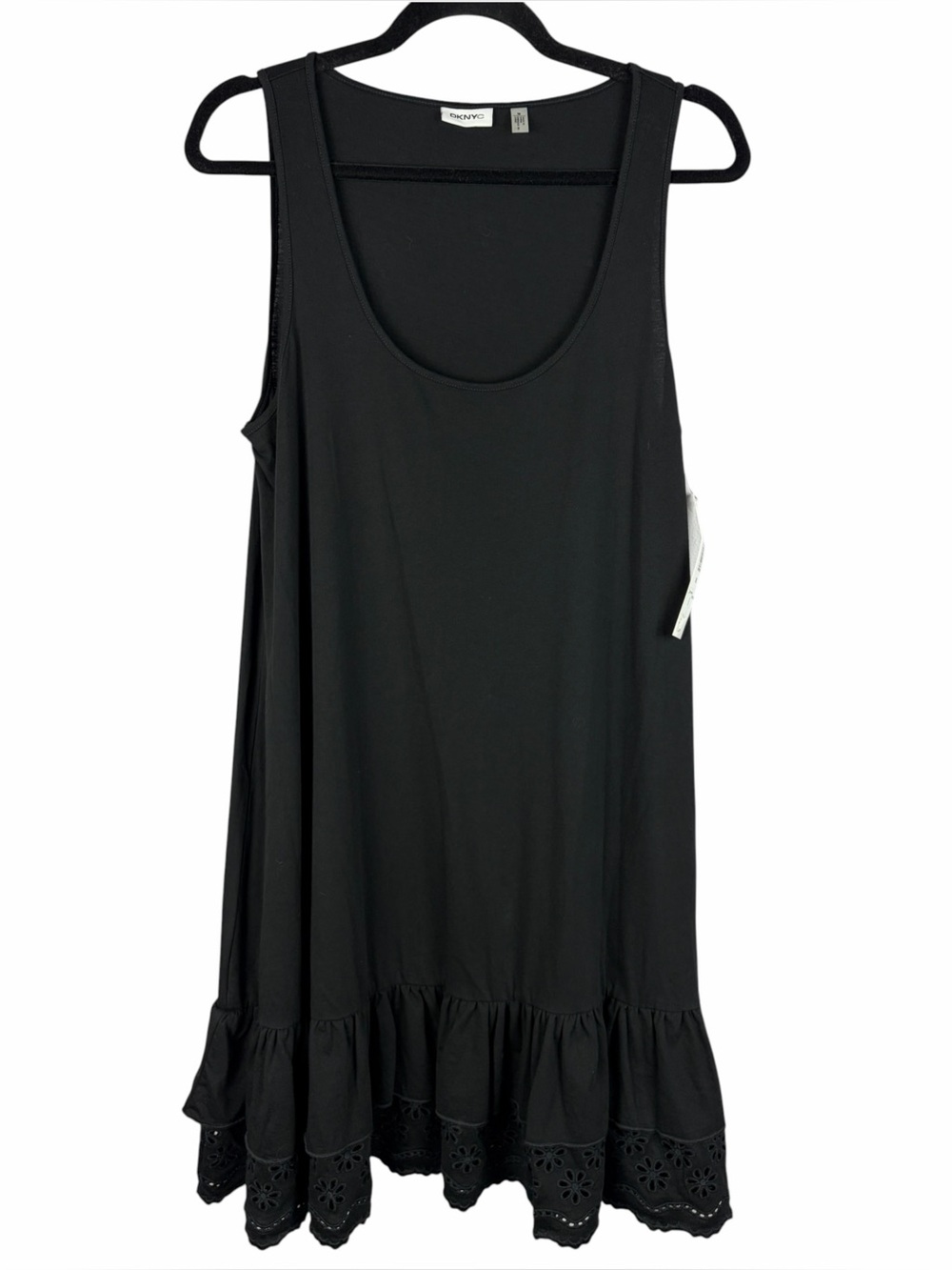 DKNYC Black Cotton Eyelet Embroidered Ruffle Hem Tank Dress Medium NWT